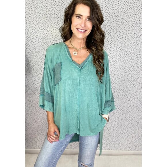 POL M Womens Oversize Fit V-Neck Top With Patchwork Detail - Picture 5 of 5